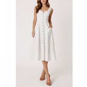 NEW Saloni Zoey Scallop Stretch Poplin White Cotton Button Front Midi Dress 12